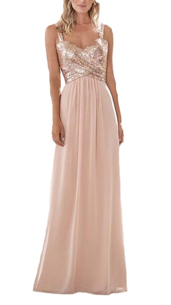 Gralre Women's Rose Gold Bridesmaid Dresses Long Sequined Sweetheart Chiffon Formal Wedding Prom