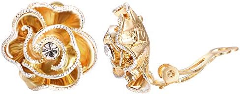 VOGEM Rose Earrings Black Rhinestone Flower Clip On Earrings For Women Fashion 18K Rose Gold Plated Jewelry