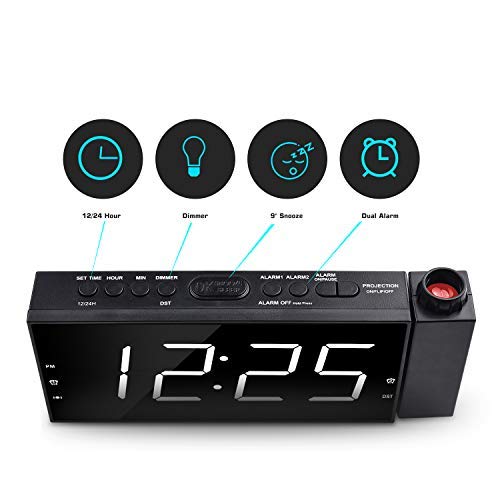 OnLyee Projection Ceiling Wall Clock, Alarm Clock, 7" LED Digital Desk/Shelf Clock with Dimmer, USB Charging, AC Powered (White-Projection Clock with Bed Shaker)