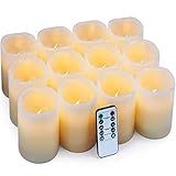 Hausware Flameless Candles LED Candles Set of 12 (D:3" X H:4") Battery Operated Candles Flickering Bulb Pillar Ivory Real Wax Electric Candles with Remote and Timer, Ivory, 3"x4" Set of 12
