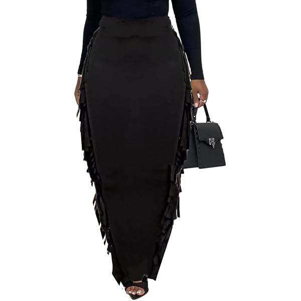 Women's High Waist Bodycon Maxi Pencil Skirt - Slim Fit, Tassel Detail, Ankle Length, Stretchy Fabric - View #4