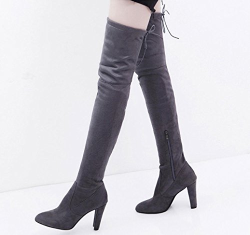 Tenworld Women's Faux Leather Thigh High Over The Knee Chunky Heel Long Boots (6.5, Gray)