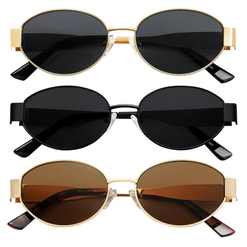 3 Piezas Lentes de Sol Ovalados para Mujer Dama y Hombre,Gafas de Sol Mujer Retro Moda,con Estuche y Paño Gafas,Protección UV400,para Conducir,Viajar, Hacer Deporte