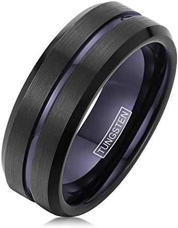 Black Tungsten Ring with Deep Purple Stripe &amp; Inner Band Beveled Edges Men's Size 9-13 (10)
