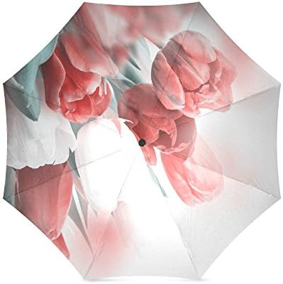 Custom Red and White Tulips Flower Anti Rain Windproof Travel Golf Sports Foldable Umbrella