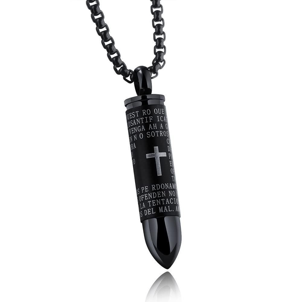 Mens Cross Pendant Necklace for Men Black Gold English Urn Lord's Prayer Stainless Steel Ash Memorial Bullet Chain Nice Gifts (Black)
