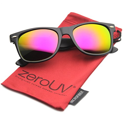 zeroUV 8025 Retro Matte Black Horned Rim Flash Colored Lens Sunglasses, Black Magenta, 50mm