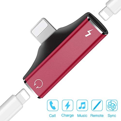 Dual Port Adapter & Splitter, TINICR 2 in 1 Headphone Audio & Charge Dongle Compatible for Phone 11/11 Pro, 11 Pro Max, XS, XS Max, XR, X, 8/8 Plus, 7/7 Plus, Supports i-OS 11 13 or Later – Red