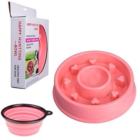 AlphaMY Collapsible Silicone Fun feeder unique heart design Food And Water Slow bowl Anti-gulping Healthy Eating Diet Bloat Stop Happy Foraging Bowl-Foldable Travel Bowl Included