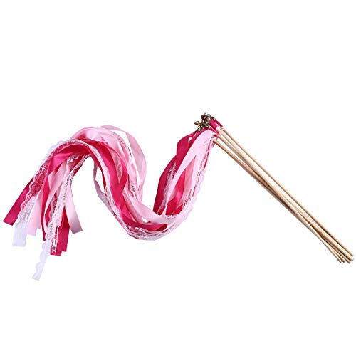 Wishprom 30pcs Lace Ribbon Wands Christmas Birthday Party Streamers Wands Fairy Stick for Wedding Activities (Pink+Lace)