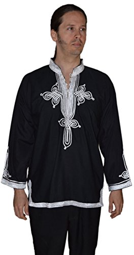 Marrakesh Men Tunic Caftan With White Tread Embroidery Breathable X-large Black