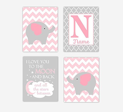 CANVAS Baby Girl Nursery Wall Art Pink Gray Grey Elephants I Love You To The Moon Personalize Name Baby Nursery Décor SET OF 4 CANVAS