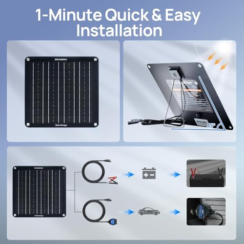 ECO-WORTHY Upgrade 10W Solar Car Battery Trickle Charger & Maintainer, Waterproof 12V Solar Panel OBD2 Charger Kit with Portable Stand for Car, Automotive, Motorcycle, Motorhome, Trailer, Snowmobile