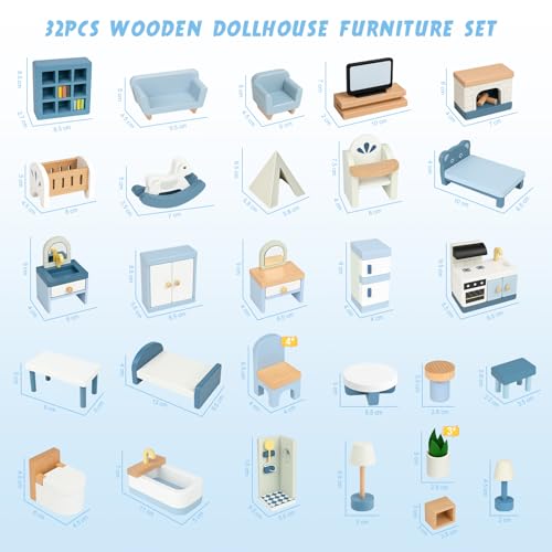 Wooden Dollhouse Furniture Set, 32 Pcs Doll House Accessories and Furniture, Miniature Furniture Including 5 Room Kits, Pretend Play Toy Gift for Boys Girls Toddler 3+