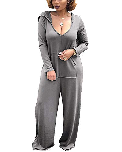 BONESUN Women Long Sleeve Loose Jumpsuit Hooded Comfy V-Neck Romper with Pocket Gray L