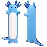 Auspicious beginning 35.4inch Cute Axolotl Stuffed Animal Plush Pillow, Soft Kawaii Cat face Newt Plush Toy Body Pillow Gifts (Blue Salamander)