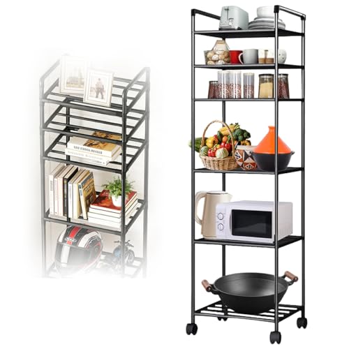 Estante de metal de 6 niveles con ruedas, fácil de montar, puede almacenar microondas, utensilios de cocina, aperitivos, adecuado para el cuarto de baño, oficina y cocina estante de almacenamiento