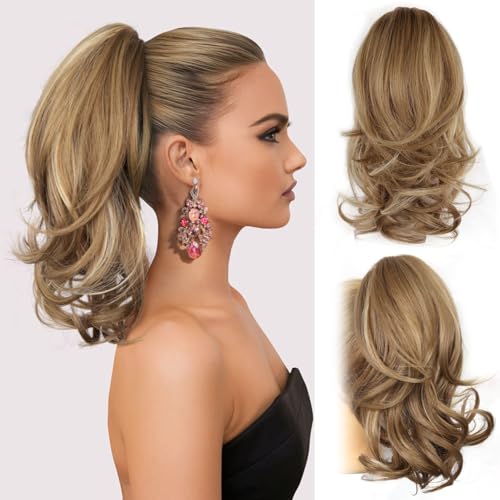 Photo 1 of 14 Inch Ponytail Extension - Wavy Pony Tails Hair Extensions, Claw Clip Ponytail Extension, Synthetic Hair Extensions Ponytail, Clip on Ponytails for Women (Light Brown With Beige Highlights)