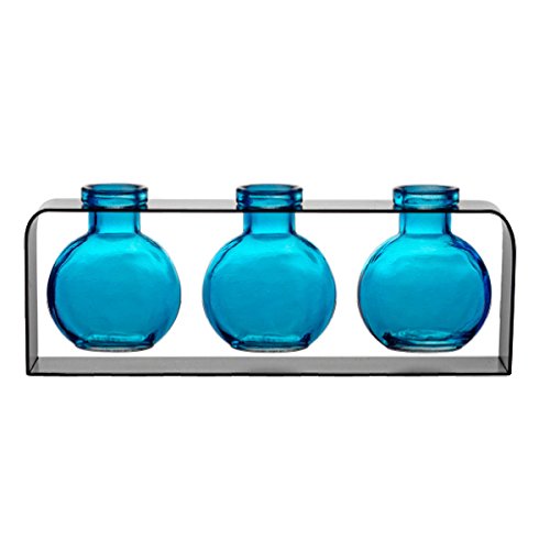 Small Glass Vases, Colored Bottles, , Unique Vase G171F Aqua ~ 3 Ball Bottles with Stand ~ Modern Vases, Decorative Accents, Glass Centerpieces, Flower Vases, Bud Vases,