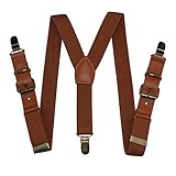 Y-sharp Pants Suspenders Boys, Yienws Brown 3 Clasp Strap Braces Suspenders for Children Kids Adjustable Patch Leather Suspenders