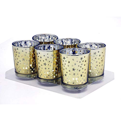 Candle Holder for Home Decor Wedding Party Celebration Laser Cut Mercury Glass 2.55-inch Tall Set of 6 (Gold Star)