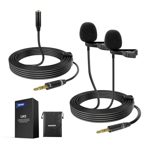 NEEWER 2m Wired Dual Lavalier Microphones with 4m Extension Cable, Mini Clip On Omnidirectional Condenser Lapel Lav Mic 3.5mm TRS for DSLR Mirrorless Camera Camcorder Interview Vlog, LM3
