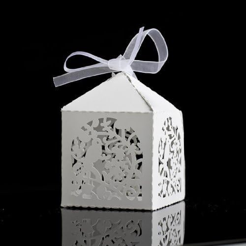 Laser Cut Filigree Songbird Design Elegant Look Favor Boxes with Organza Ties- Package of 36