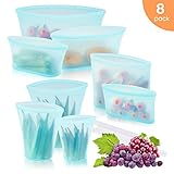 Reusable Silicone Food Storage Bag, Zip Lock Top Leakproof Containers Stand Up Preservation Bag with Slider for Fruits Vegetables Snacks Liquid, Microwave Dishwasher & Freezer Safe (8Pcs Set(Blue))
