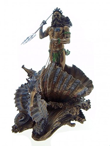 Poseidon Gott des Meeres in Meereskutsche mit Seepferdchen bronziert Figur Skulptur