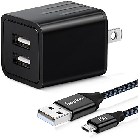 Dual USB Wall Charger Block Adapter with iSeekerKit 6Ft Micro USB Cable Charging Cord for Samsung S7 S6 Edge, Moto, Nexus, HTC, Nokia, Android Tablets
