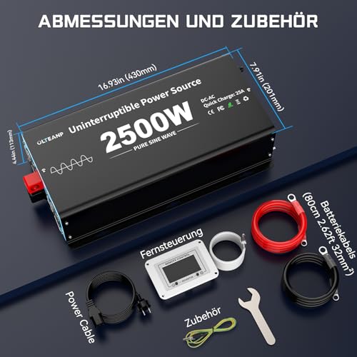 OLTEANP 2500W Pure Sine Wave Inverter with UPS Function and Network Priority Voltage Converter 12 V to 230 V LCD Screen Remote Control for Home Automation and Office Sump Pump