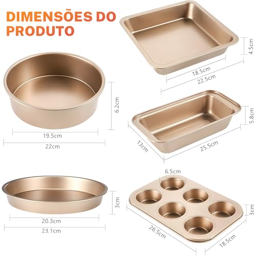 Conjunto Assadeira Antiaderente 5 Peças Tabuleiro Cozinha Reutilizável Jogo Forma Pão Bolo Alumínio com Revestimento Interno Forma Aço Assadeira Antiaderente para Cupcake e Muffin