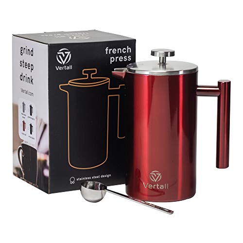 Vertall Large French Press Coffee Maker 34oz - Double Wall Vacuum Insulated Rust-Free 304 18/10 Stainless Steel With Bonus Tablespoon Scoop (French Press, Ruby Red)