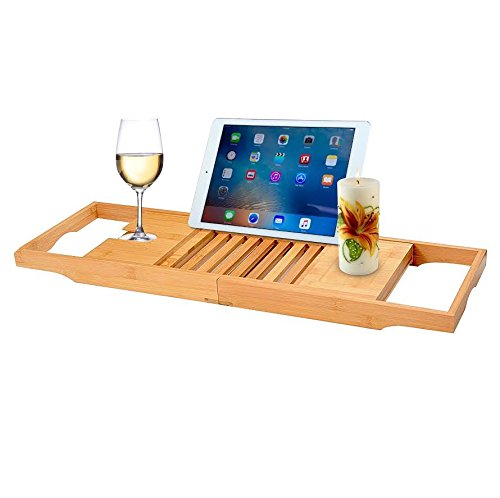 Bamboo Bathtub Caddy Tray With Extendable Slides, Adjustable Book/Tablet Holder. Cellphone/Candles Tray & Integrated Wineglass Holder.Plus Free Value Gift. One Year Warranty, By House Ur Home - Thumbnail 4