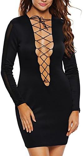 Papijam Womens Sexy Long Sleeve Deep V-neck Lace Up Splice Clubwar Dress Black Medium