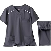 YAVINCOL Scrub Set for Women and Men Classic V-Neck Top&Yoga Jogger Pant Solid Color Working Uniforms 4 Way Stretch