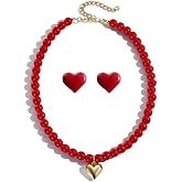 ONLYJUMP 2 Pairs Red Heart Necklace Earrings for Women Elegant Pearl Heart Choker Necklaces Fashion Wedding Party Prom Bride Bridesmaids Gift