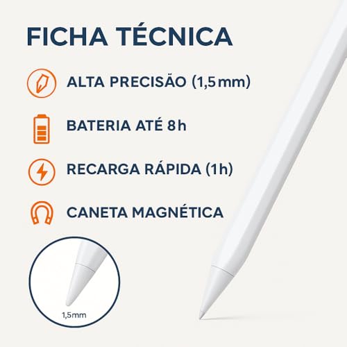 Caneta Digital Stylus Touch Screen | Recarregável USB, Alta Precisão, Ponta Fina 1.5mm, Compatível iOS e Android