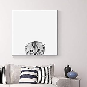 Canvas Wall Art Curious Pets Cat Black and White Painting Artwork for Home Prints Framed - 12x12 inches