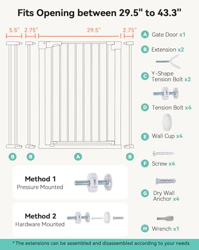 COMOMY Dog Gate, 91.5 cm Extra Tall, 75-110 cm Large Width Baby Safety Gate Automatic Closing, Durable Child Safety Barrier for Stairs, Pressure Mounted, White