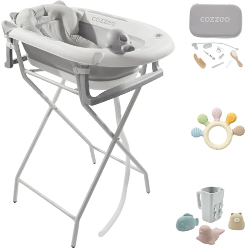 cozzeo Foldable Baby Bathtub with Baby Care Kit - Bath Toys and Rinse Cup - Foldable Bath Tub with Stable Stand - 9-in-1 Complete Bath Kit