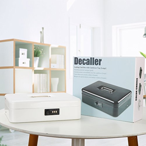 Metal Cantilever Cash Box with Combination Lock, Decaller Large Lock Money Box - 5 Compartments with Cover & 4 Spring-Loaded Clips for Bills, White, 11 4/5" x 9 2/5" x 3 1/2", QH3010L