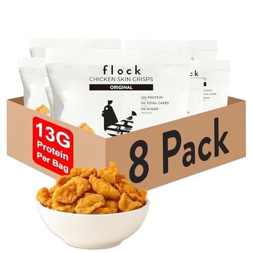 Flock Keto Chicken Skin Chips – Original Flavor, Low Carb, High Protein, Gluten-Free Chicken Crisps, Keto Snack, Low Carb Chips, Protein Crackers, Diet Snacks, 8-Pack (1oz)