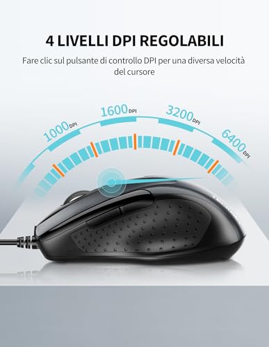 TECKNET PRO Wired Mouse, 6400 DPI Wired Optical Mice, 6 Buttons, 1.5M USB Cable, Plug and Play, Ergonomic Wired Mouse for PC, Computer, Laptop - Grey