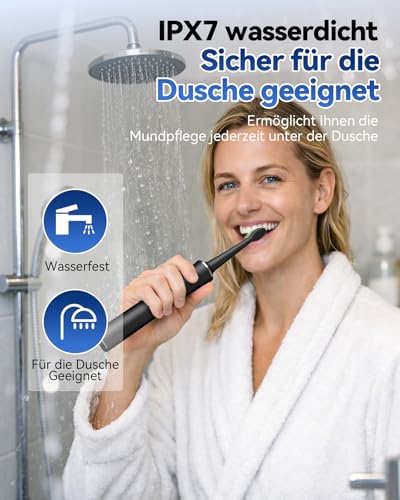 JTF Sonic Electric Toothbrush - Deep Cleaning for Sensitive Gums, 5 Modes, 45 Days Battery, 8 Heads, IPX7 Waterproof, Smart Timer, Ideal for Travel (Black)
