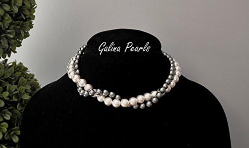Classic Two Tone Of Twisted Handmade SWAROVSKI Crystal Women White And Gray Pearl Necklace,925 Sterling Silver Clasp.
