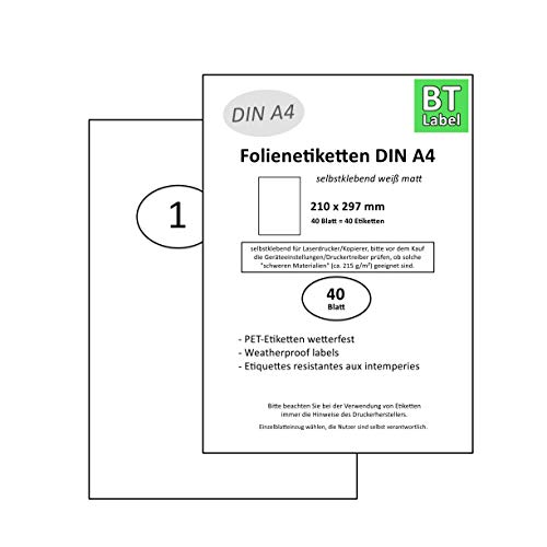 BT-Label 20 DIN A4 Adhesive Labels Weatherproof 210 x 297 mm B