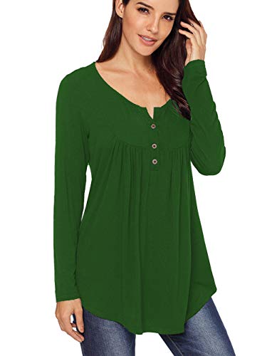 Famulily Women's Long Sleeve Henley V Neck Buttons up Blouse Pleated Tunic Shirt #2 Green L