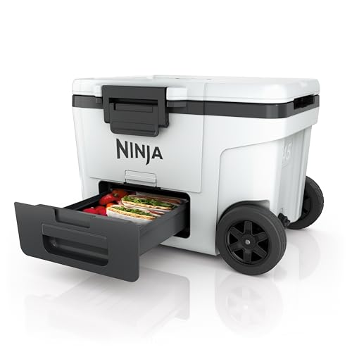 Ninja FrostVault Kühlbox mit Rollen und Isolierung, integrierter Dry Zone Schublade für Lagerung bei Kühlschranktemperatur, hält Eis tagelang, bietet Platz für bis zu 68 Dosen, Wolkenweiß, FB245EUWH
