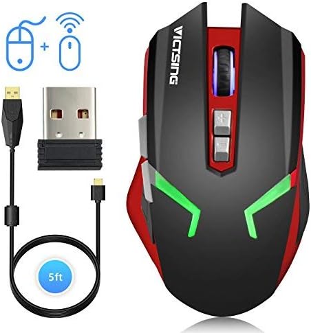 Gaming Mouse, VicTsing 2.4G USB Wireless and Wired Mouse with 500 Hours Buttery Life, 7 Buttons and 4 Color Breathing Lights 4 Adjustable DPI Levels for Windows Vista Linux and OS